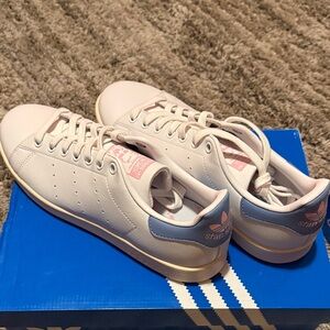 Adidas Stan Smith White Sneakers with Blue and Pink Accents